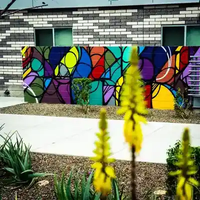 Colorful abstract mural viewed through a desert garden