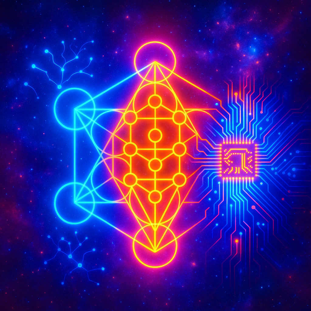 Neon visualization of the Kabbalistic Tree of Life fused with a computer circuit board, symbolizing the intersection of sacred geometry, consciousness, and computational metaphysics.