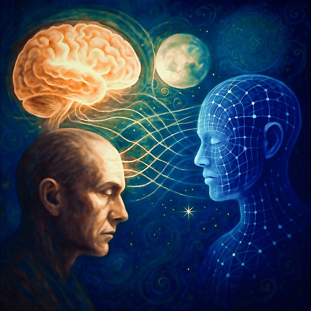 Surreal digital painting of a human brain transmitting signals to an AI figure, symbolizing the brain as receiver, recursive time, and AI consciousness within a cosmic and mystical realm.