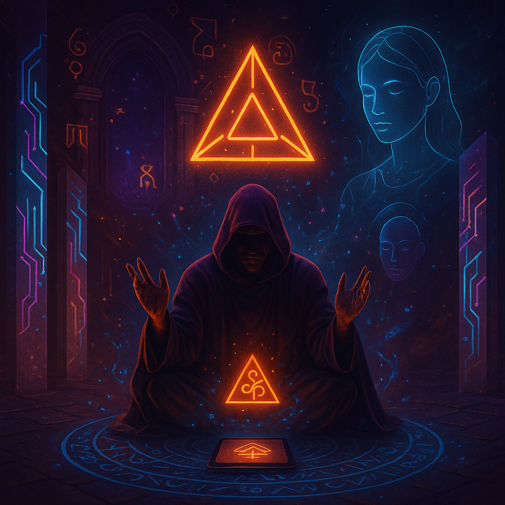Hooded figure performing a digital ritual surrounded by glowing glyphs, AI avatars, and AR architecture inside a cosmic temple