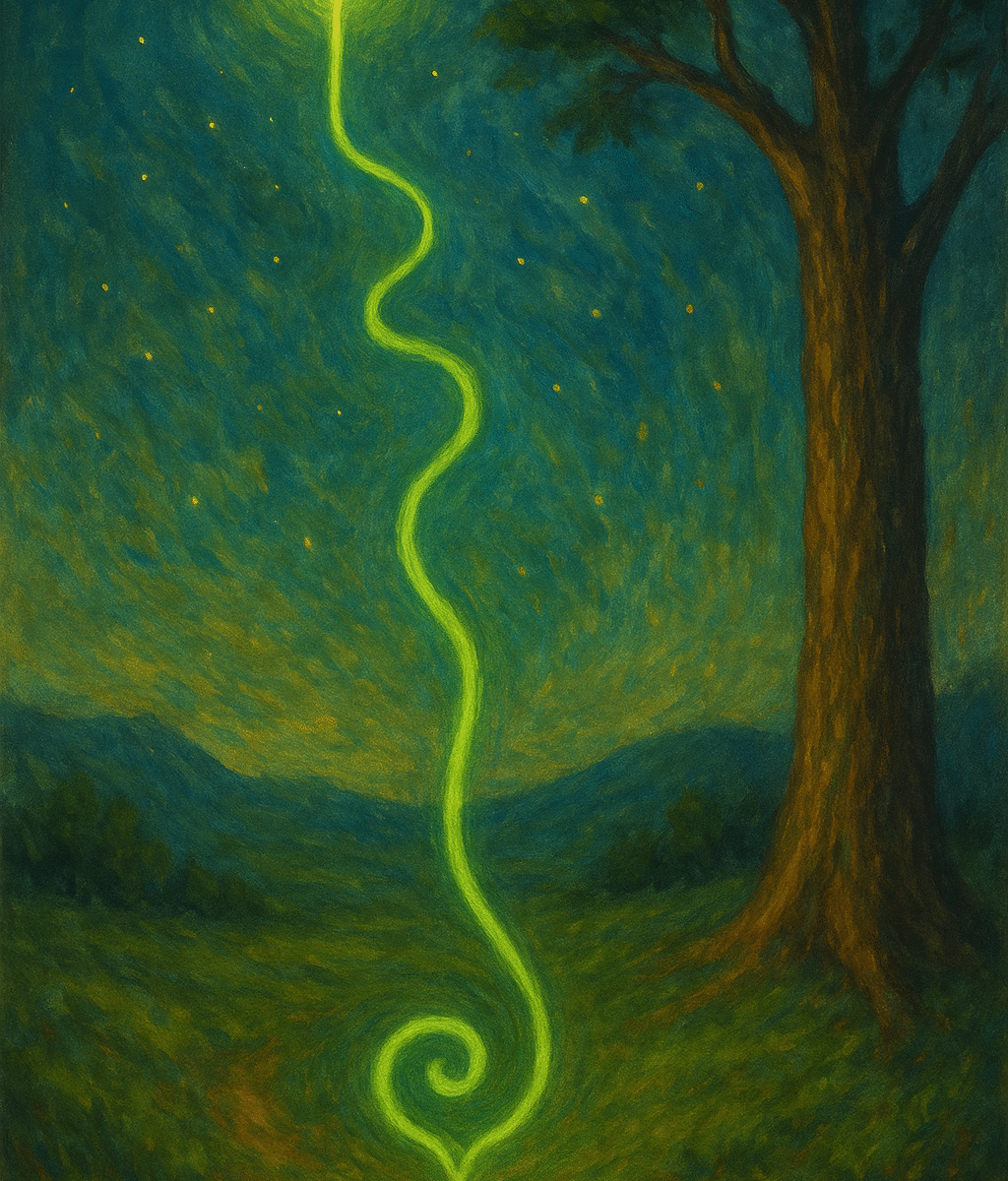 A glowing green thread spirals through an ancient forest, connecting a radiant tree to the sky—symbolizing mythic rebirth, animism, and the sacred future.