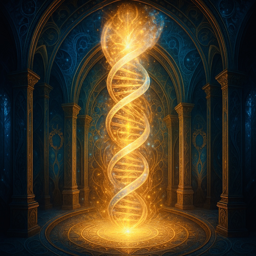 Fractal DNA spiraling within a temple of time, glowing with mystical light.